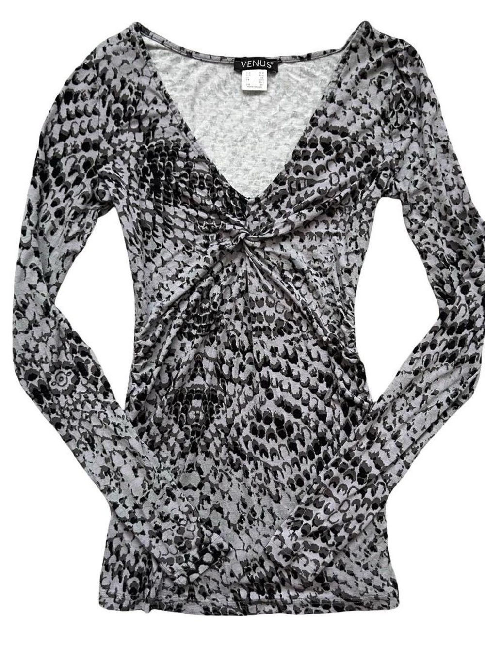Y2K 2000s Gray Patterned Twist-Front V-Neck Long Sleeve Top